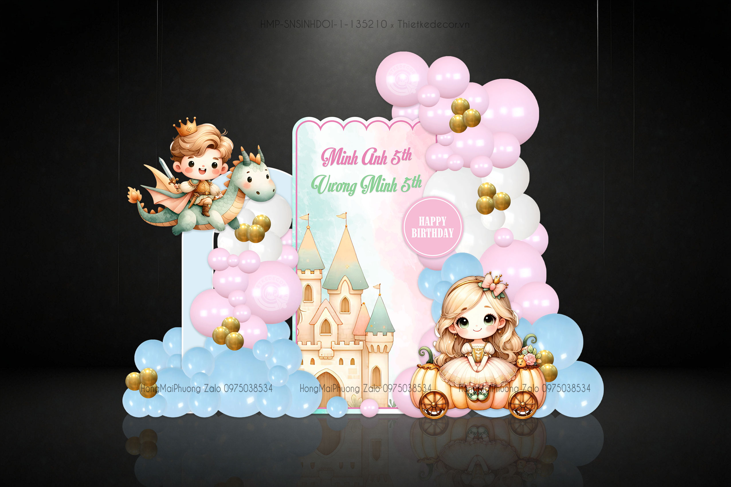 Sinh nhật tiệc sinh đôi chủ đề tòa lâu đài cho bé trai hoàng tử và bé gái công chúa